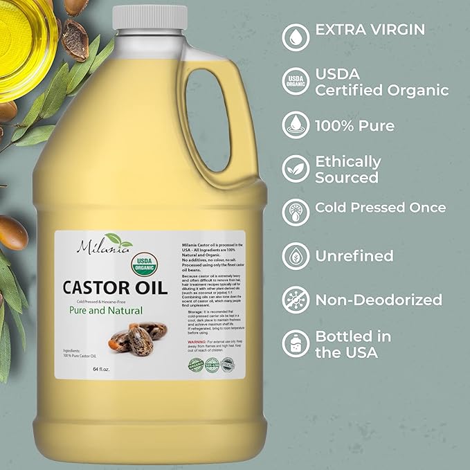 Premium Organic Castor Oil - (64 fl. oz.) 100% Pure and Hexane-Free Cold-Pressed Beauty & Skincare Serum - Eyelash & Eyebrow Hair Growth Enhancer