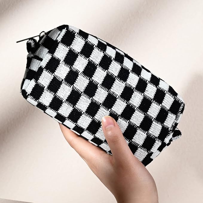 SOIDRAM 2 Pieces Black Makeup Bag Large Checkered Cosmetic Bag Capacity Canvas Mix Travel Toiletry Bag Organizer Cute Makeup Brushes Aesthetic Accessories Storage Bag for Women, Checkered Mix Black
