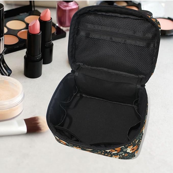 MNSRUU Makeup Bags, Fox and Leaves Makeup Organizer Bags Toiletry Bag Box Travel Cosmetic Bag Make Up Train Case for Women Teen Girl Ladies