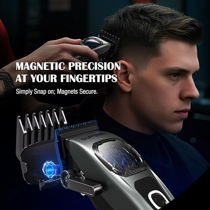 SUPRENT Professional Hair Clippers for Men - Barber Clippers & Zero-gapped Trimmer Combo with Charging Stand, Up to 10000 RPM Max Motor Speed, Blue Titanium-Coated Blades (Gray)