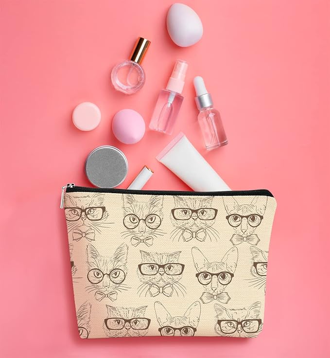 Retro Hipster Cats Makeup Bag,Cute Hand Drawn Kitty Cats Cosmetic Bag Best Gift Idea for Cat Lovers Teen Girls Women,Birthday Christmas Valentine's Day Gifts for Cat Moms Teen Girls Daughter Sister