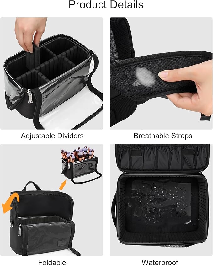 TANTO Makeup Backpack Makeup Artist Bag Professional Extra Large Cosmetic Bags Travel Train Case Storage Organizer Double-Layer Cosmetic Case with 4 Pouch and 2 Brush Bag (Black, Three)