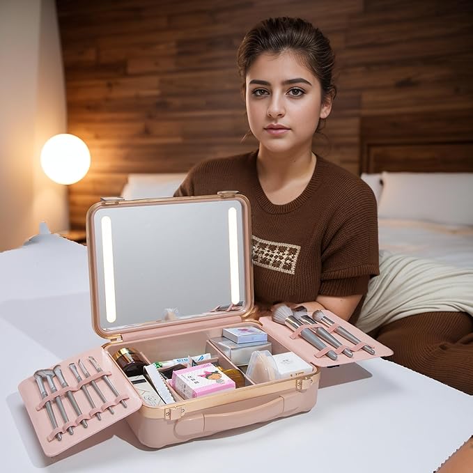 Makeup Case with LED Lighted Mirror, 11.5''x 8.7'' Portable Travel Makeup Organizer, Toiletry Storage Makeup Bag Gift for Lady, DIY Dividers Makeup Box with 5X Magnifying Mirror (Pink)