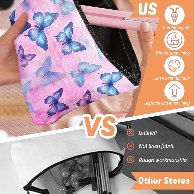 Makeup Bag Travel Cosmetic Bags Small Makeup Case Waterproof Zipper Pouch for Women Girls 7X9inches - Blue And Purple Butterflies on A Pink Background