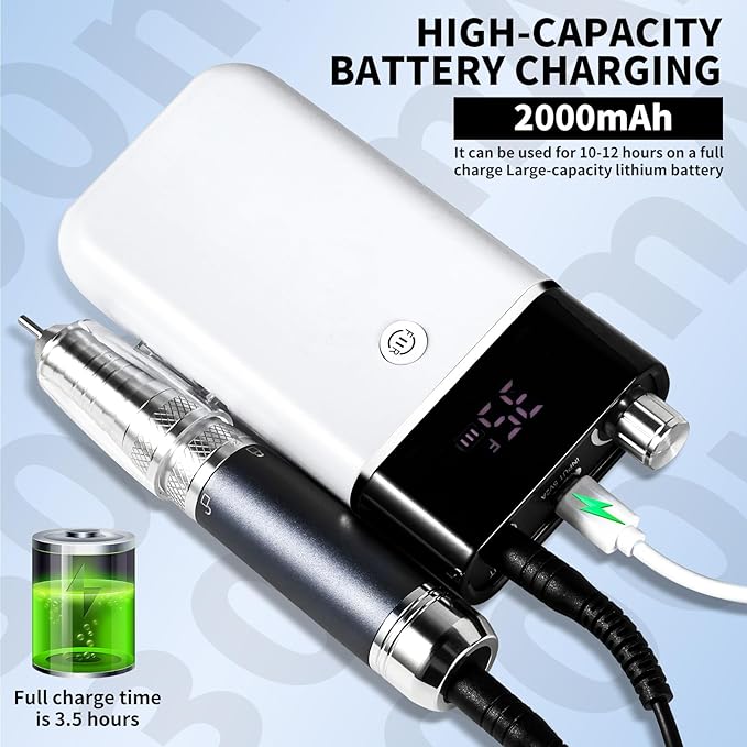 Professional Electric Nail Drill Kit White Portable Rechargeable Cordless Nail File Machine 35000 RPM with 7PCS Bits for Acrylic Gel Powder Nails Polish Pedicure Toenail Tool Salon Set