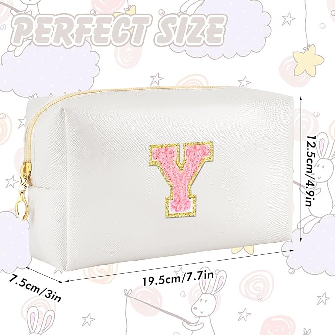Initial Makeup Bag Personalized Preppy Travel Small Cosmetic Bag Cute PU White Chenille Letter Makeup Pouch for Purse Waterproof Zippered Toiletry Organizer for Women Girls Kids Friends (Y)