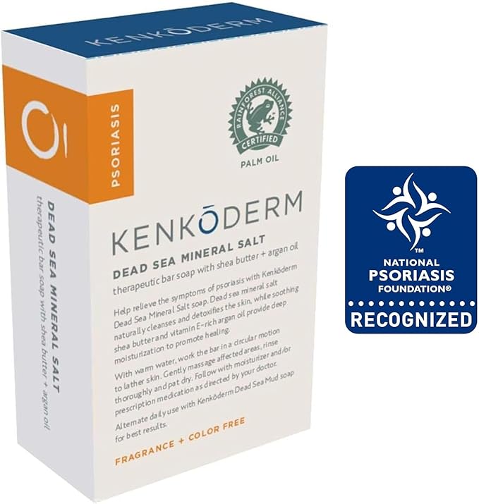 Kenkoderm Psoriasis Dead Sea Mineral Salt Soap with Argan Oil & Salicylic Acid, Natural Exfoliating Body & Face Cleanser for Sensitive Skin, Color & Fragrance Free, 4.25 Ounce, Pack of 4 Bars