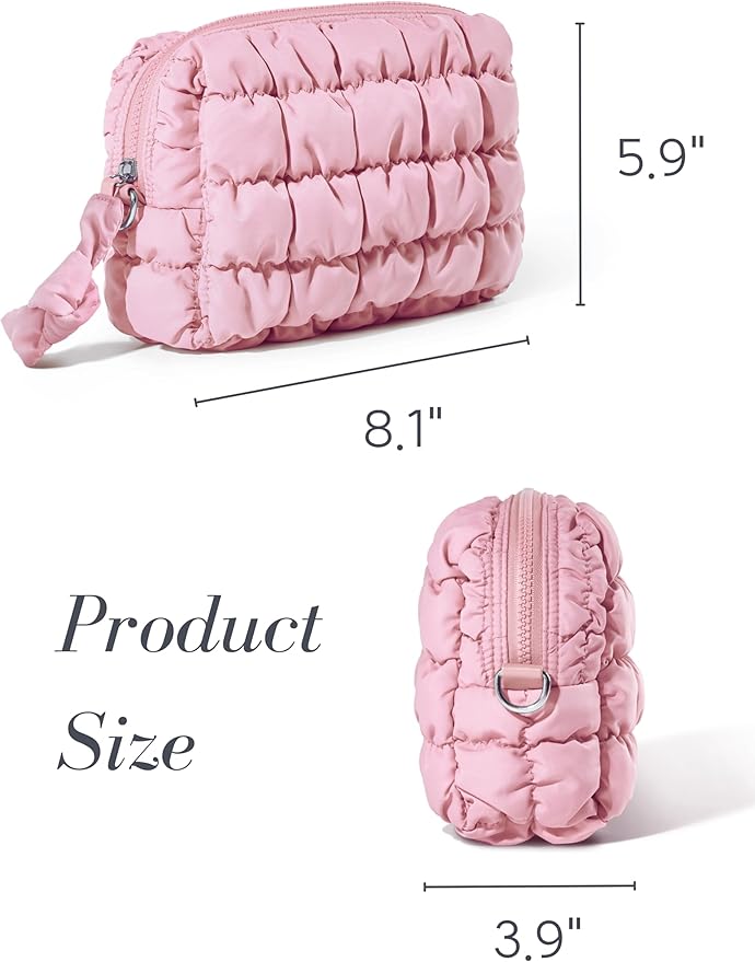 Yarnic Quilted Makeup Bag Cosmetic Bag, Travel Toiletry Bag for Women, Cute Makeup Bag Organizer Baby Pink Puffer Makeup Pouch (M, Pink)