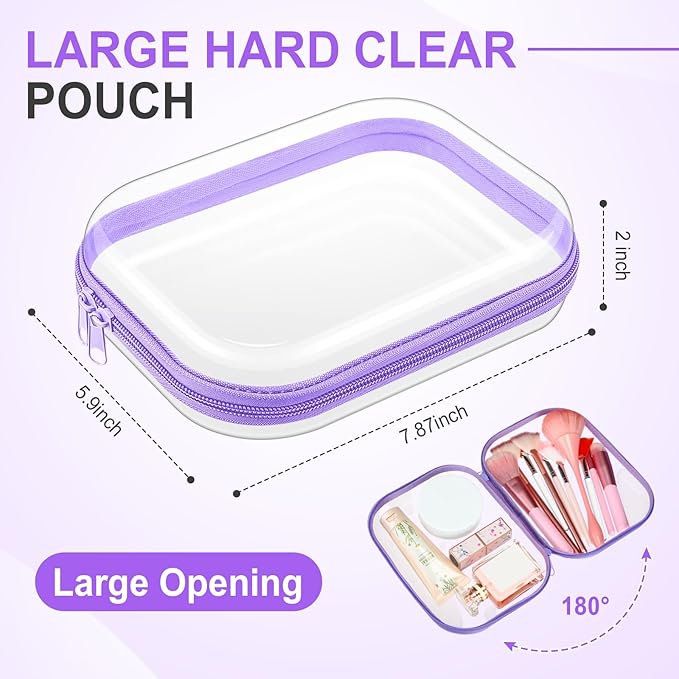 Sanwuta 6 Pcs Clear Hard Zipper Case Hard Plastic Zipper Pouches Makeup Bag Pencil Pouches Transparent Cases for Snacks Plastic Storage Organizer Box for Travel(Purple,7.87 x 5.9 x 2 Inch)