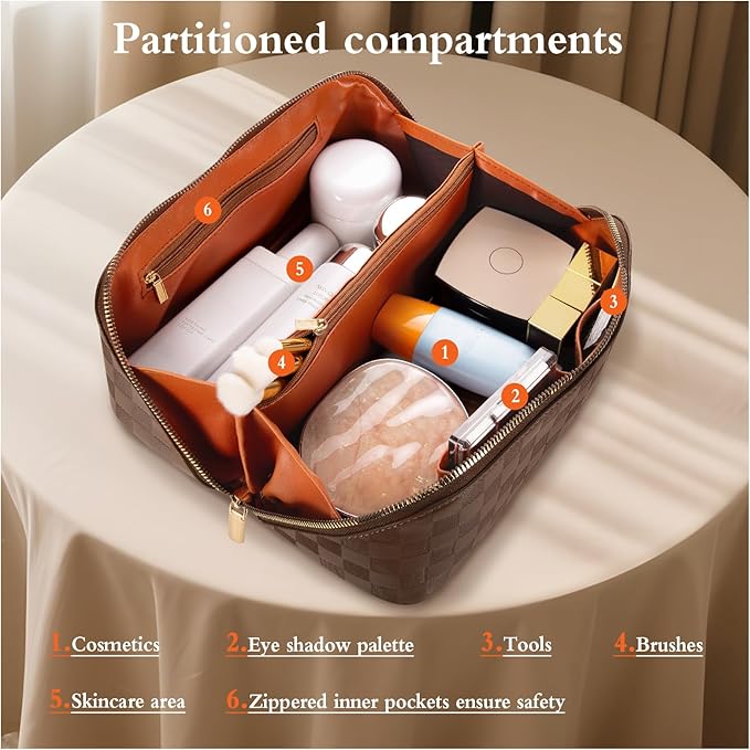 Abiudeng Travel Makeup Bag,Large Capacity Toiletry Bag Cosmetic Bags for Travel Essentials,Waterproof Portable Pouch Open Flat Makeup bag Organizer with Divider and Handle(Checkered-Brown)