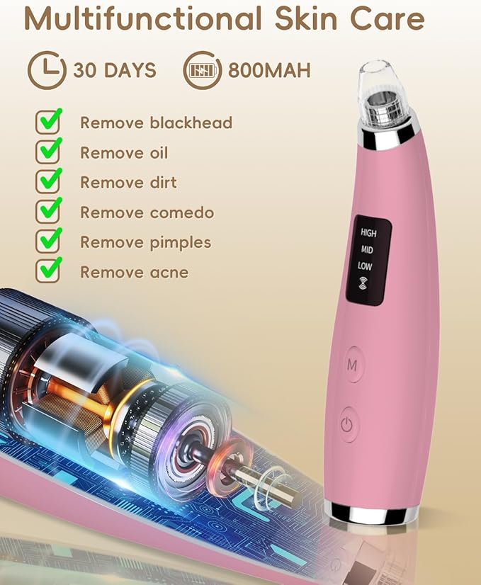 Facial Pore Blackhead Remover Vacuum - Fore Cleaner and Blackhead Extractor with 3 Adjustable Suction Levels - 5 Probes - Pore Vacuum Kit for Women&Men (Matte Pink)