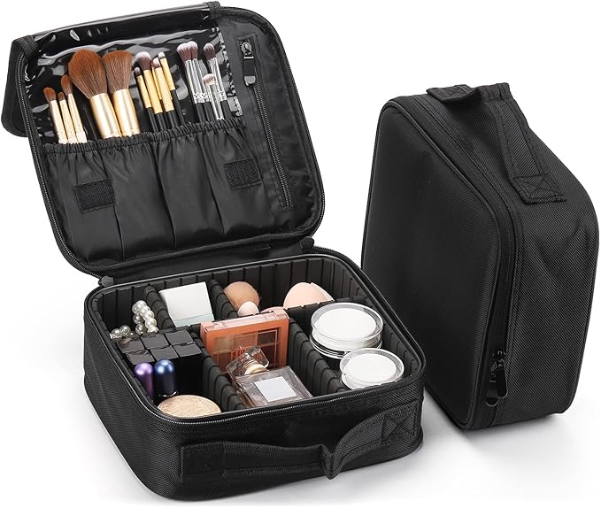 Tbestmax 2 Pack Travel Makeup Bag Cosmetic Train Case Organizer Portable Artist Storage Bag with Adjustable Dividers for Cosmetics Makeup Brushes Toiletry Jewelry Black