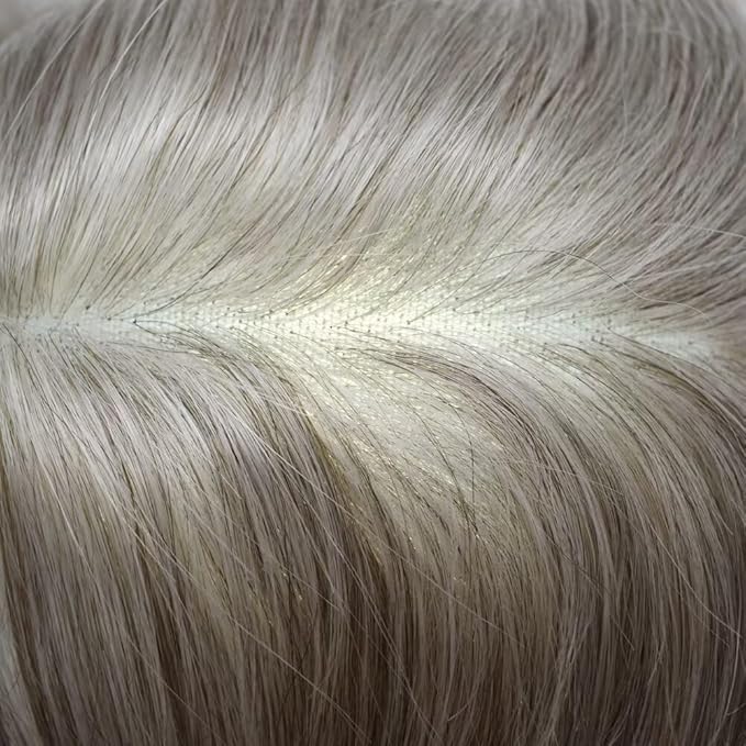 Mens Toupee Human Hair Piece French Lace Toupee for Man Hair System Indian Human Hair Replacement Systems V-Looped PU Front Hairpieces 7"X9" #370 Dark Brown with 70% Gray