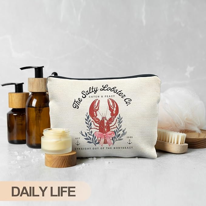 Crawfish Makeup Bag, Coquette Pink Bow Coastal Beach Nautical Lobster Cosmetic Bags for Women, Summer Seafood Makeup Zipper Pouch, Gifts for Beach Lovers