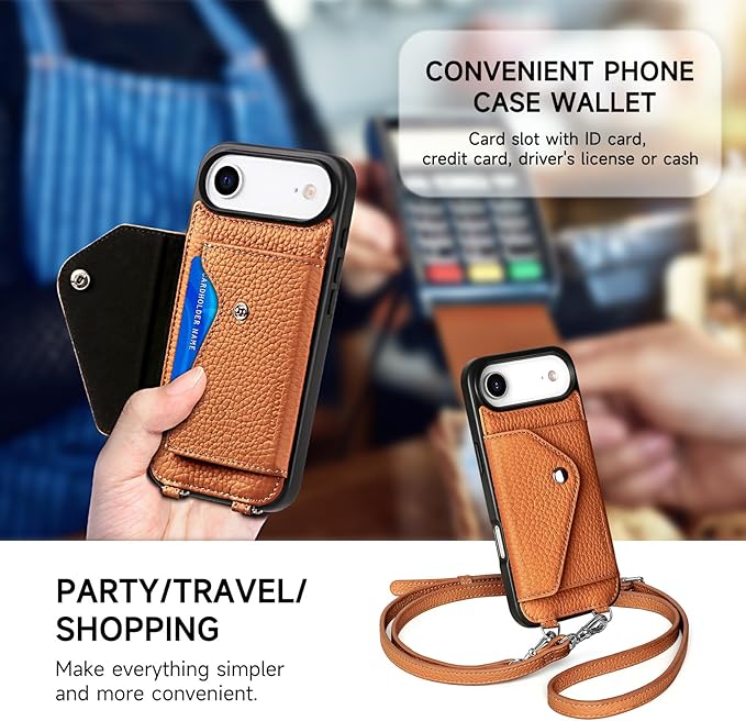 LUCKYCOIN Crossbody Wallet Phone Case for iPhone Air,100% Genuine Leather Wallet Phone Case with Expandable Flip Card Holder,Phone Purse for Women with Adjustable Removable Strap - Pebble Brown