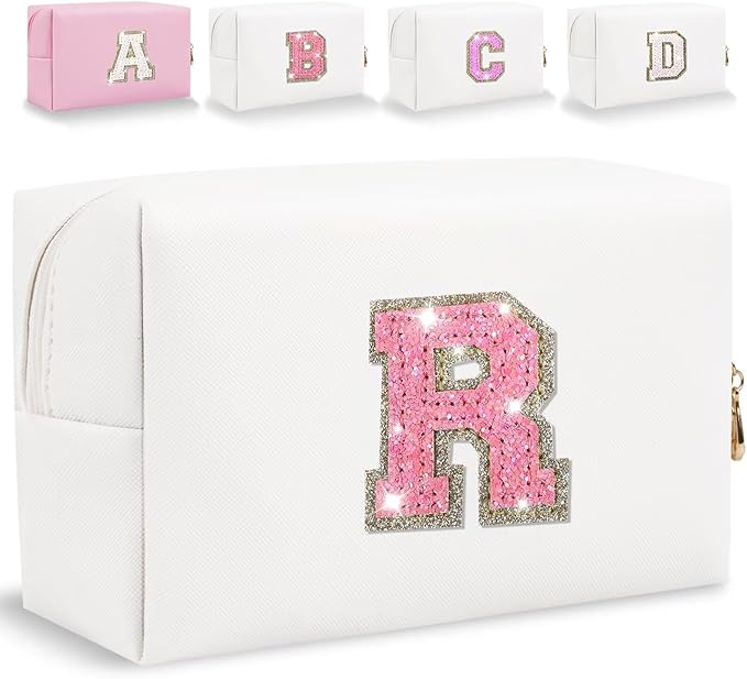 Glitter Initial Letter Makeup Bag, Small Personalized Sequins Letters PU Leather Cosmetic Bag Portable Waterproof Makeup Zipper Pouch, Shine Handbag Organizer Travel Bag Gifts for Women&Girls(White-R)