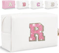 Glitter Initial Letter Makeup Bag, Small Personalized Sequins Letters PU Leather Cosmetic Bag Portable Waterproof Makeup Zipper Pouch, Shine Handbag Organizer Travel Bag Gifts for Women&Girls(White-R)