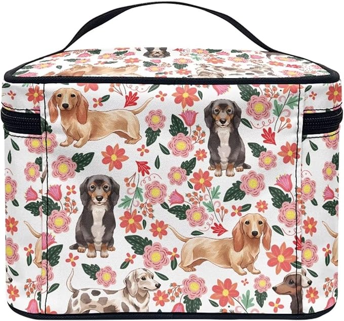 JoyLamoria Dachshund Rose Cosmetic Bag Outdoor Travel Makeup Bag Cute Cosmetic Wallet Coin Purse