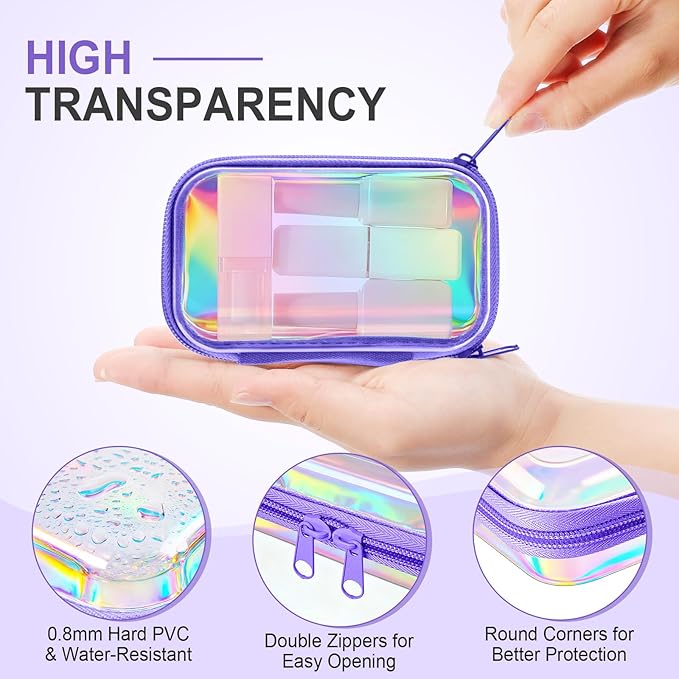 Hoolerry 3 Pcs Clear Hard Zipper Case Plastic Pouch Transparent Hard Case Clear Makeup Bag Portable Travel Organizer Bin for Cosmetics, Building Blocks, Puzzles(Laser,Xs)