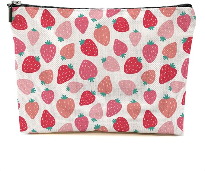 Cute Pink Strawberry Makeup Bag Retro Fruit Cosmetic Bag Friend Friendship Gifts for Women Girls Sister Bestie Coworker Travel Organizer Zipper Pouch Christmas Thanksgiving Birthday Gifts