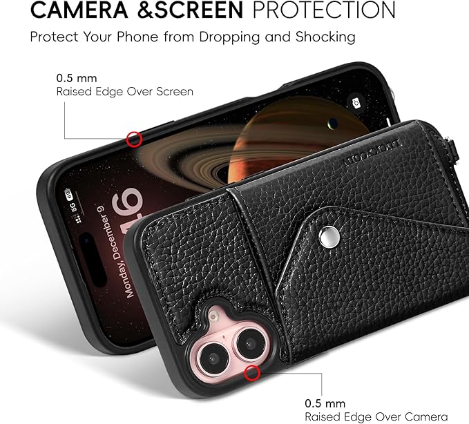 LUCKYCOIN Crossbody Wallet Phone Case for iPhone 16,100% Genuine Leather Wallet Phone Case with Expandable Flip Card Holder,Phone Purse for Women with Adjustable Removable Strap - Pebble Black