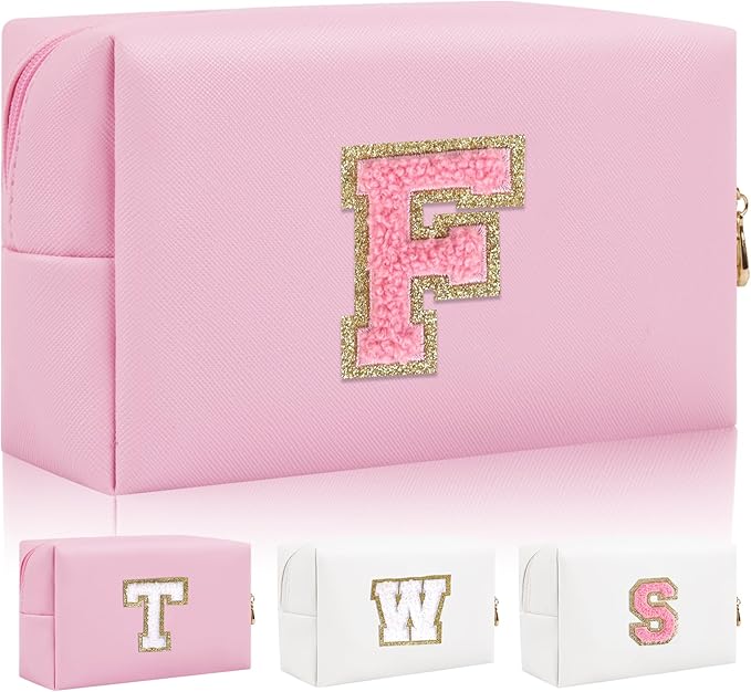 Personalized Initial Letter Patch Makeup Bag, Preppy Small Chenille Cosmetic Bag with Zipper, PU Leather Waterproof Travel Toiletry Bag Monogram Make Up Pouch for Women Girls