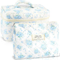 2Pcs Cotton Quilted Makeup Bag for Women Girls Large Small Travel Floral Cosmetic Bags Set Cute Coquette Zipper Makeup Pouch for Purse Aesthetic Cloth Flower Storage Toiletry Bag Organizer