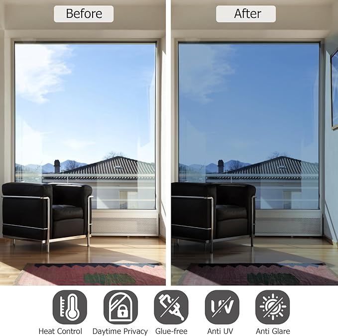 HIDBEA One Way Mirror Window Film,Daytime Privacy Sun Blocking Reflective Window Film Static Cling Heat Control Window Tinting Film for Home and Office, Blue Silver, 35.4 x 78.7 Inch