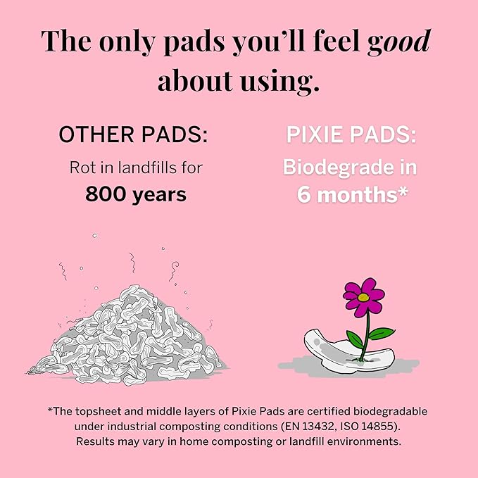 Pixie Organic Cotton Large Pads for Women - Extra Heavy Absorbency with Wings - Leak-Proof, Hypoallergenic & Unscented for Feminine Care - Compostable, Biodegradable - 48 Count