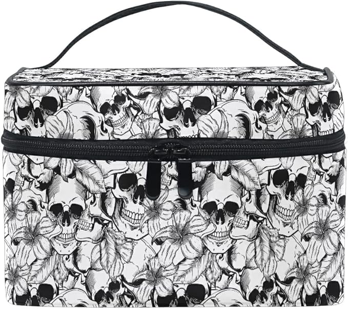 Goth Skull Makeup Bag, Gothic Skull Flowers Makeup Organizer Bags Toiletry Bag Box Travel Cosmetic Bag Make Up Train Case for Women Teen Girl Ladies