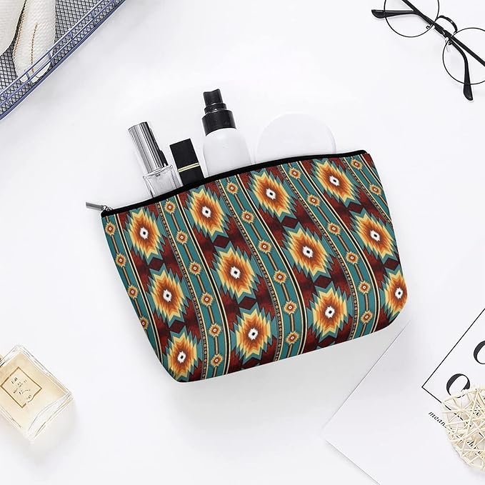 Women Ethnic Navajo Native American Southwestern Art Make Up Bag Holder Multifunction Cosmetic Train Case Casual Zipper Tote Bag Large Capacity for Cosmetics Digital Accessories Travel
