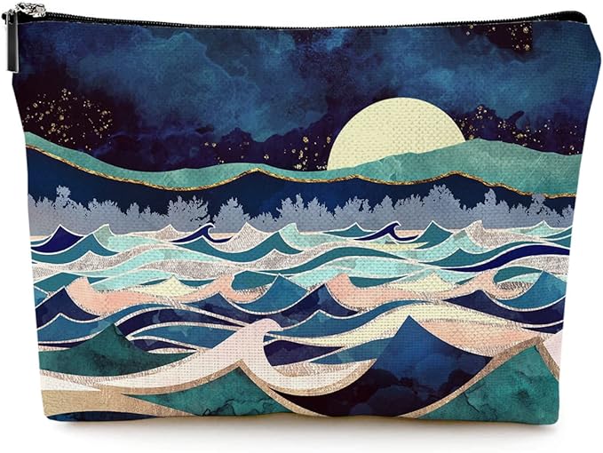 Cute Makeup Bag for Purse Canvas Waterproof Funny Cosmetic Bags for Women Zipper Travel Toiletry Pouch-Mountain Makeup Bags-Blue
