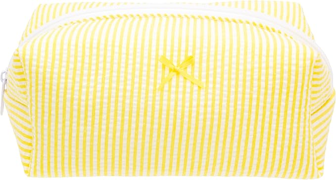 PAZIMIIK Cozy Makeup Bag Small Aesthetic Travel Zipper Cosmetic Pouch for Women Make Up Beauty Accessories Brushes, Stripe Yellow