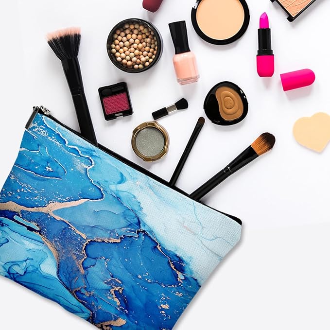 Small Makeup Bag for Purse Cute Canvas Waterproof Cosmetic Bags for Women Zipper Travel Toiletry Pouch-Blue Marble Makeup Bags