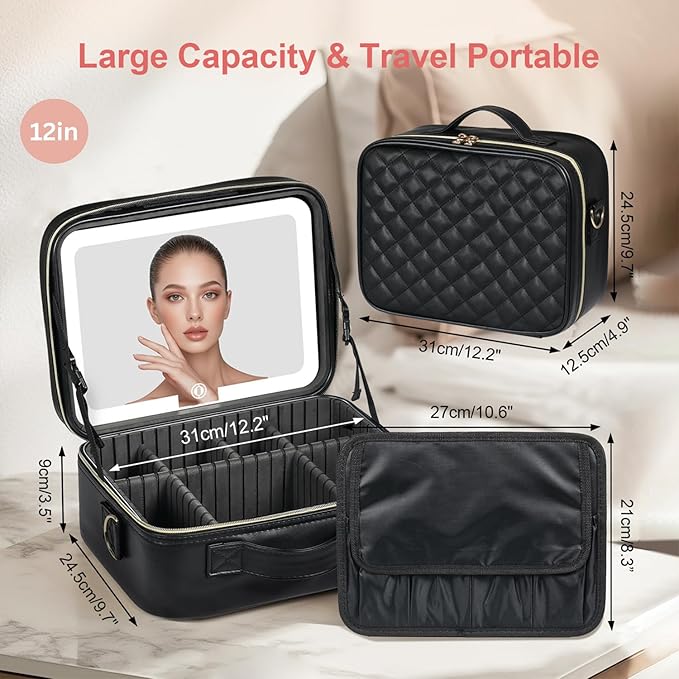 Makeup Case with LED Light Mirror, Professional Portable Travel Cosmetic Organizer Bah with Adjustable Dividers, USB Charging, Large Capacity, Ideal for Travel, Gift for Women Girls, Black