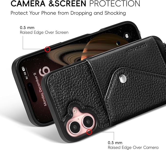 LUCKYCOIN Crossbody Wallet Phone Case for iPhone 16 Plus,100% Genuine Leather Wallet Phone Case with Expandable Flip Card Holder,Phone Purse for Women with Adjustable Removable Strap - Pebble Black