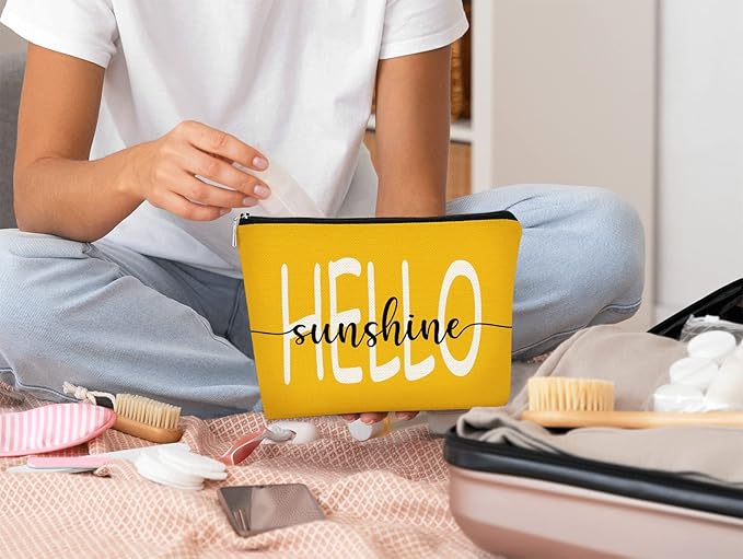 Hello Sunshine Summer Yellow Inspirational Makeup Bag Cosmetic Bag Gift for Teen Girls,Birthday Christmas Gifts for Women Friends Mom Wife Grandma Daughter Teacher Coworker