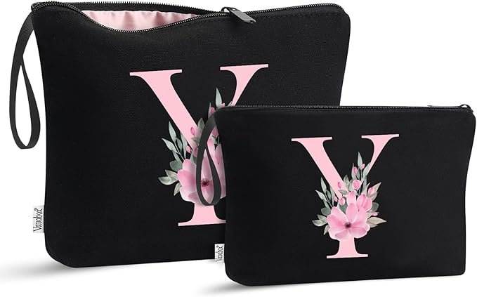 Vavabox A-Z Personalized Makeup Bag, Birthday Gifts for Women Mom, Gifts for Best Friend, Bride Bridesmaid Cosmetic bag (Y, 04-Black Set)