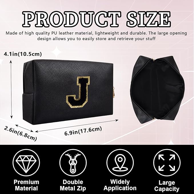 Personalized Initial Letter Patch Makeup Bag, Preppy Portable Chenille Letter Cosmetic Bag with Zipper, PU Leather Waterproof Travel Toiletry Bag Monogram Make Up Pouch for Women Girls