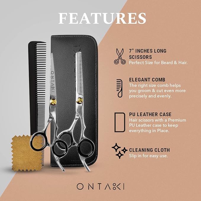 Ontaki Hair Shears & Thinning Scissors Kit - 7-Inch, Silver Japanese Steel - Precision Hair Cutting Scissors for Professionals & Home Stylists with Styling Comb & Pouch