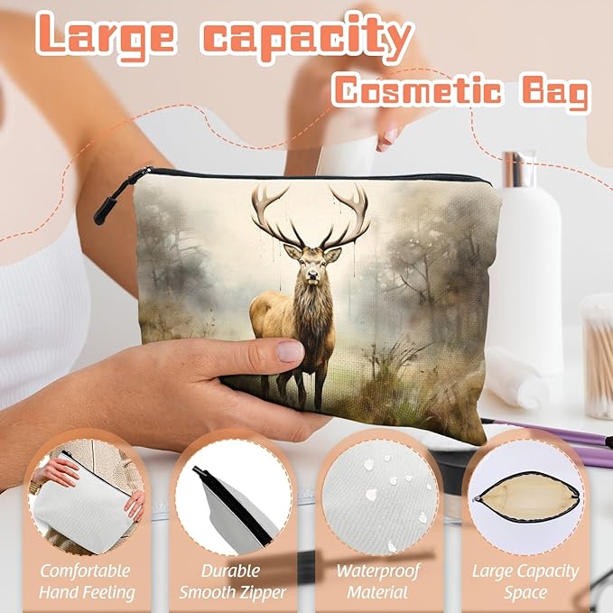 Cosmetic Bags Travel Makeup Toilet Case Waterproof Pouch for Women Girls 6.7X9.45inches - Stag in A Misty Forest Landscape