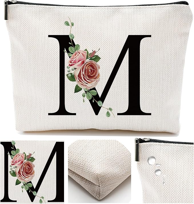 Initial A-Z Personalized Letter Makeup Bag, Monogrammed Bridesmaid Gifts/Presents Cosmetic Bag, Portable Stationery Storage Organizer Pouch, Friendship Love Travel Makeup Bags