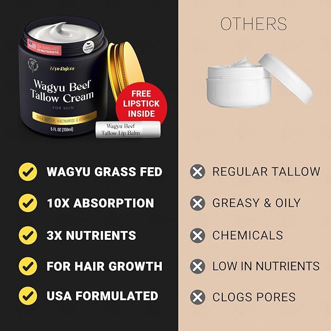Non-Greasy Beef Tallow for Skin 5OZ Shea Butter, Vitamin E, Niacinamide, Whipped Grass Fed Beef Tallow for Face Moisturizer Cream, Body, Hair, Lotion for Women & Men, Anti-Aging Face Moisturizer