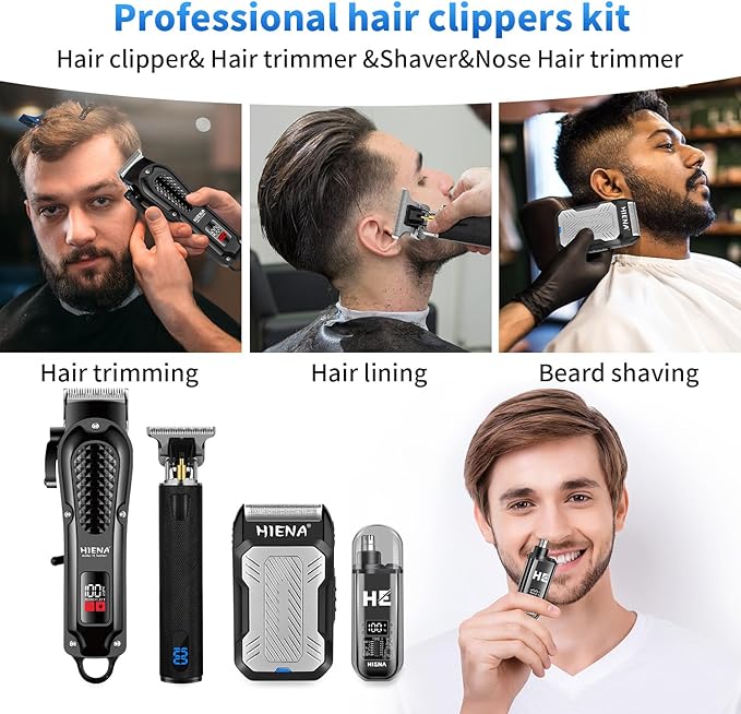 HIENA PRO Professional Cordless Hair Clippers for Men, T-Blade Beard Trimmer & Foil Shaver & Nose Hair Trimmer Set, Barber Clipper Hair Cutting Grooming Kit