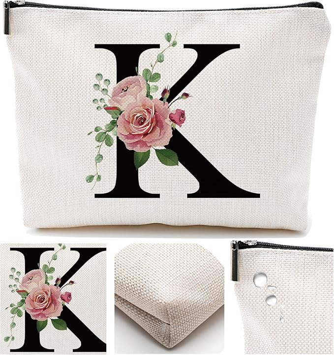 Initial A-Z Personalized Letter Makeup Bag, Monogrammed Bridesmaid Gifts/Presents Cosmetic Bag, Portable Stationery Storage Organizer Pouch, Friendship Love Travel Makeup Bags