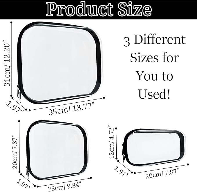 3 Pcs Clear Hard Zipper Case, Hard Shell Plastic Clear Organizer Bag, Transparent Makeup Pouches, Portable Box for Travel Toiletries, Toy Storage Bins (Black, Multi)