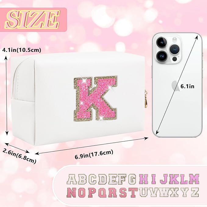 Initial Letter Patch Makeup Bag, Small Preppy A-Z Glitter Letter Cosmetic Bag, PU Leather Waterproof Travel Toiletry Bag, Cute Make Up Pouch Personalized Monogrammed Gift for Women Teen Girls