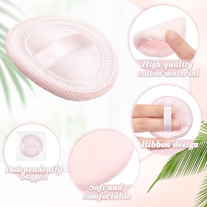 40 Pcs Cotton Powder Puffs Bulk Washable, 2.36 Inch Round Makeup Dusting Powder Puff with Ribbon for Face Body Cosmetic, Pink