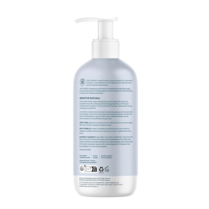 ATTITUDE Body Lotion for Sensitive Skin with Oat, EWG Verified, Dermatologically Tested, Vegan, Extra Gentle, Unscented, 16 Fl Oz