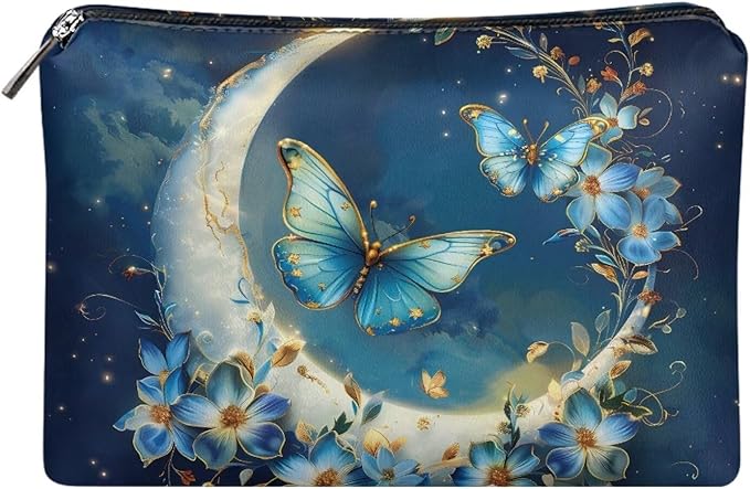 COEQINE Travel Makeup Bag for Women Large Leather Cosmetic Bag with Moon And Butterfly Gothic Makeup Case for Ladies Wallet Handbag
